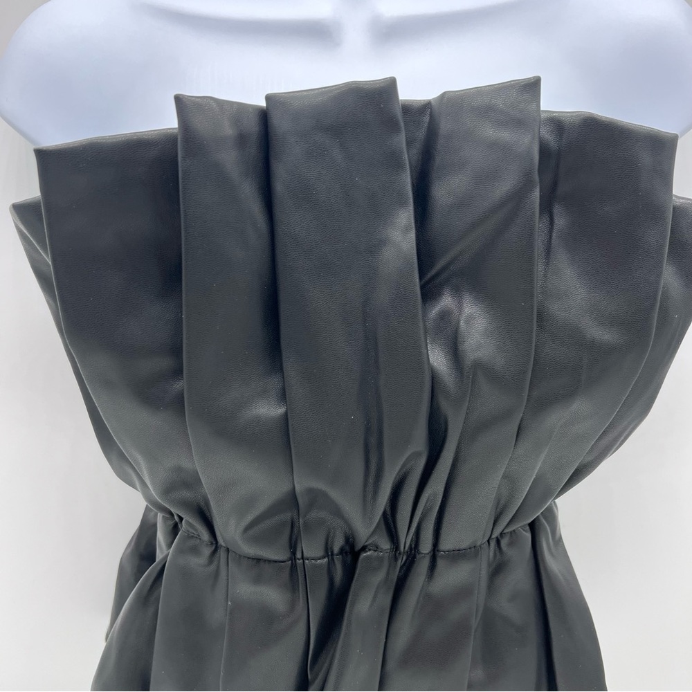 Do+Be Black Strapless Pleated Vegan Leather Strapless Top-Size S NWT